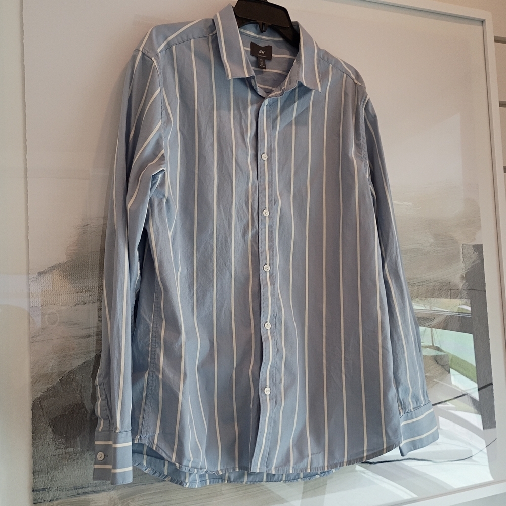 H&M  Blue Men Medium Shirt with White Vertical Stripes 100% Cotton Regular Fit